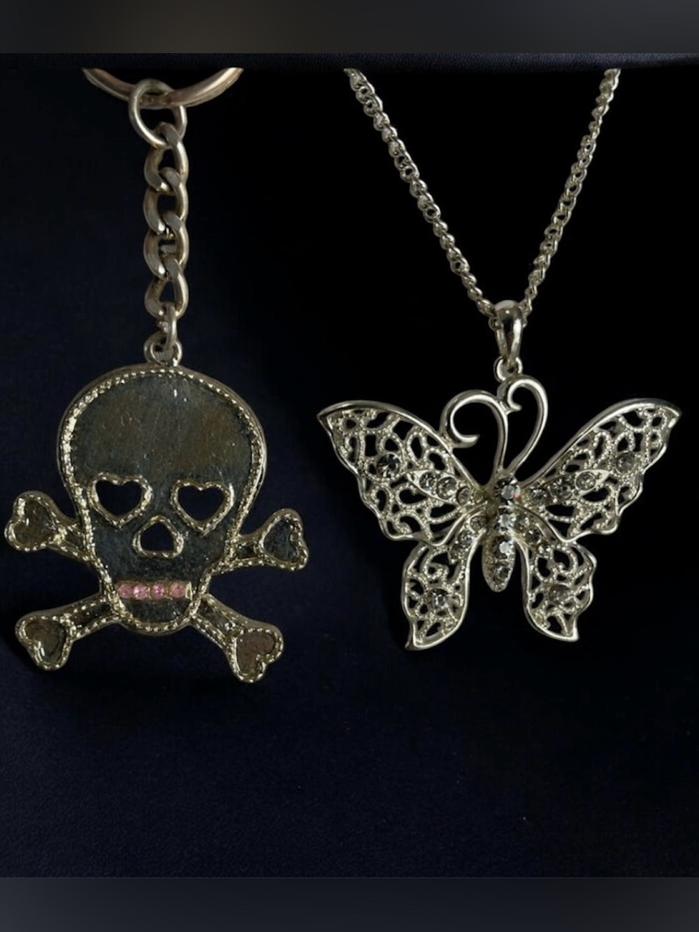 VTG 90s Y2K Grunge Skull Keychain & Rhinestone Butterfly Necklace Bundle